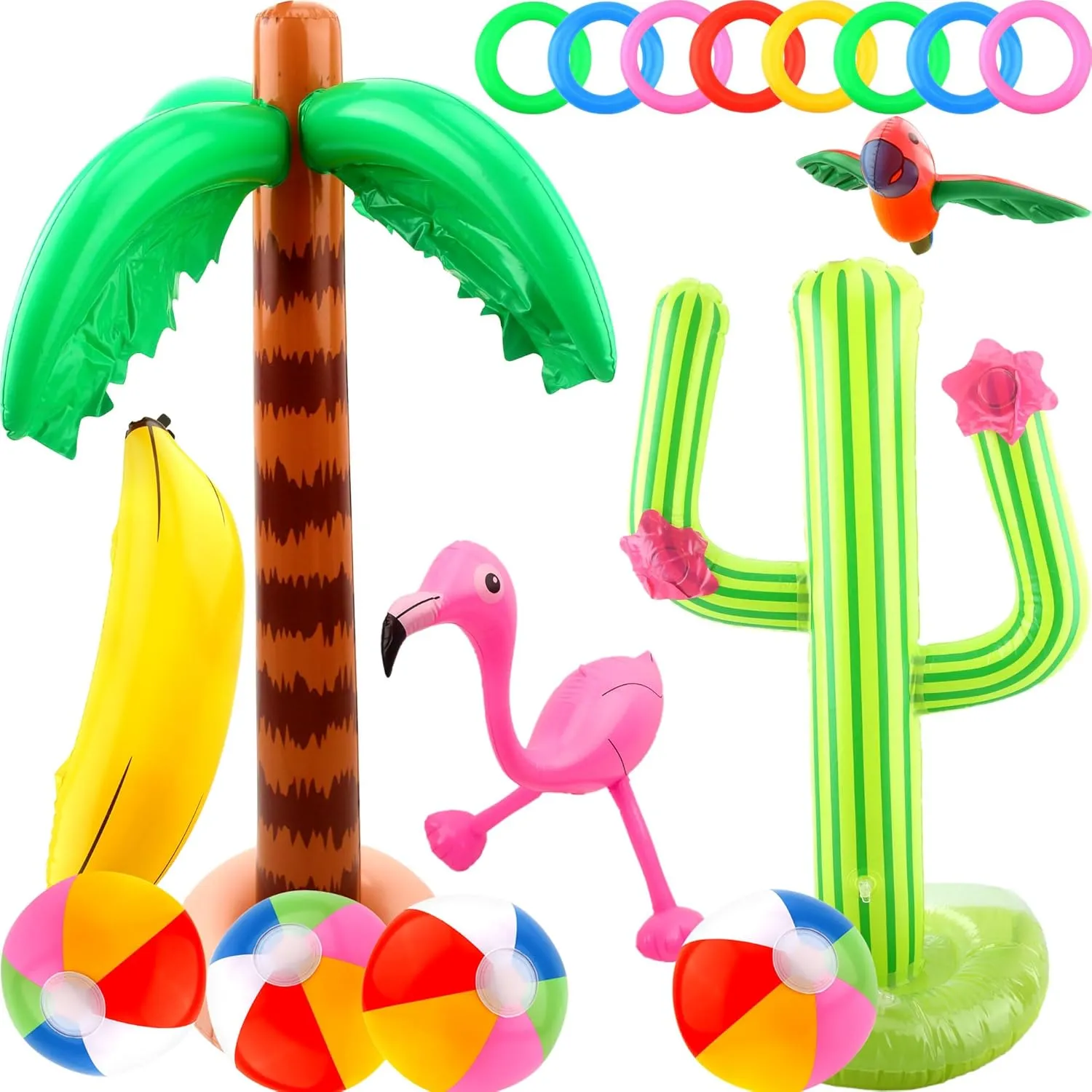 18 Pack Inflatable Palm Tree Cactus Ring Toss Beach Ball Parrot Banana for Hawaiian Party Decor and Beach Toys
