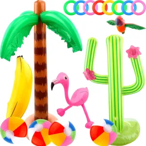 18 Pack Inflatable Palm Tree Cactus Ring Toss Beach Ball Parrot Banana for Hawaiian Party Decor and Beach Toys