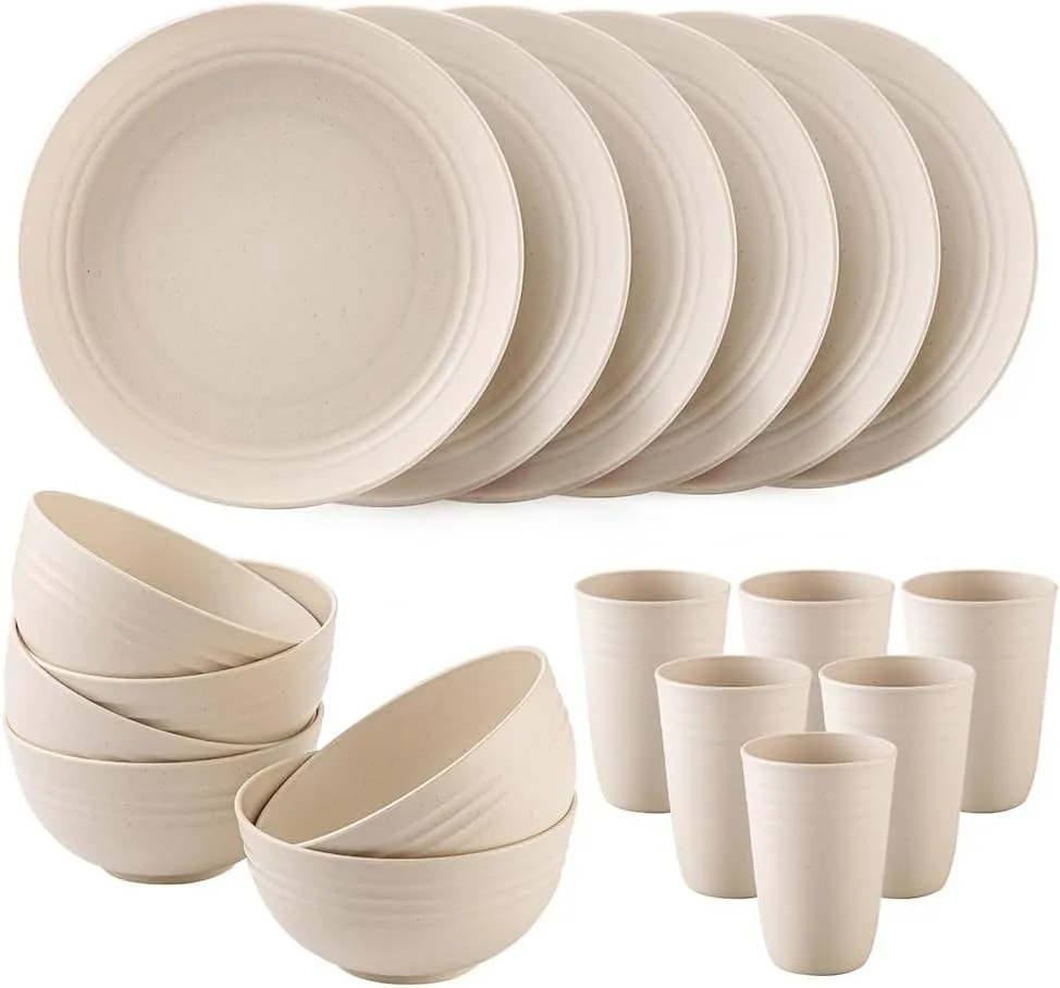 18PCS Wheat Straw Dinnerware Sets Unbreakable Dinnerware Set Lightweight Dish Set Cups Plates and Bowls Set Microwave and Dishwasher Safe Dinnerware for Kitchen, Camping and Outdoor Dining