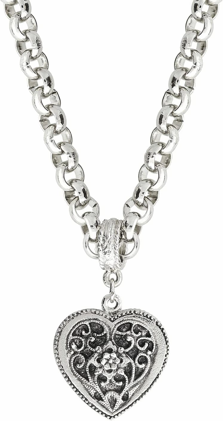 1928 Jewelry Double Sided Flower Accent Heart Pendant Filigree Necklace For Women 16"   3" Extender