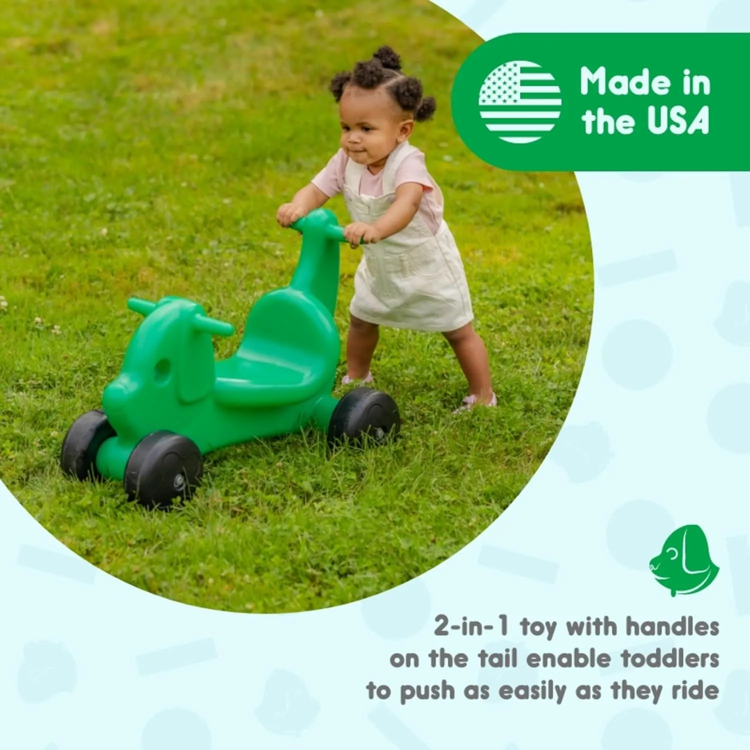 2-in-1 Puppy Push & Ride-on Toy, Indoor & Outdoor Use, Low Profile Seat, Recommended for Children up to 50lbs, Durable Construction, Made in The USA (Green)