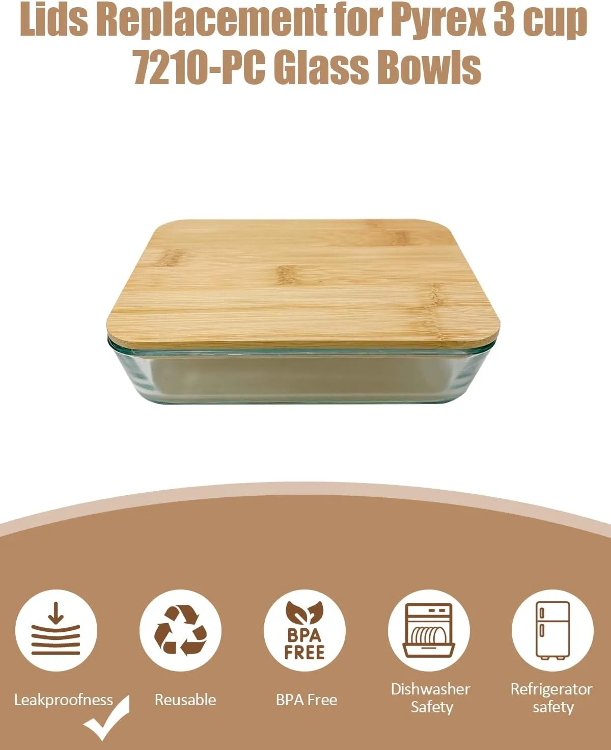 2 Pack Rectangle Replacement Lid for Pyrex - ONLY Compatible with Pyrex 7210 PC 3 Cup Food Storage Container Bowl,Bamboo Wooden Lids Freezer Dishwasher Microwave Safe (Container Not Included）