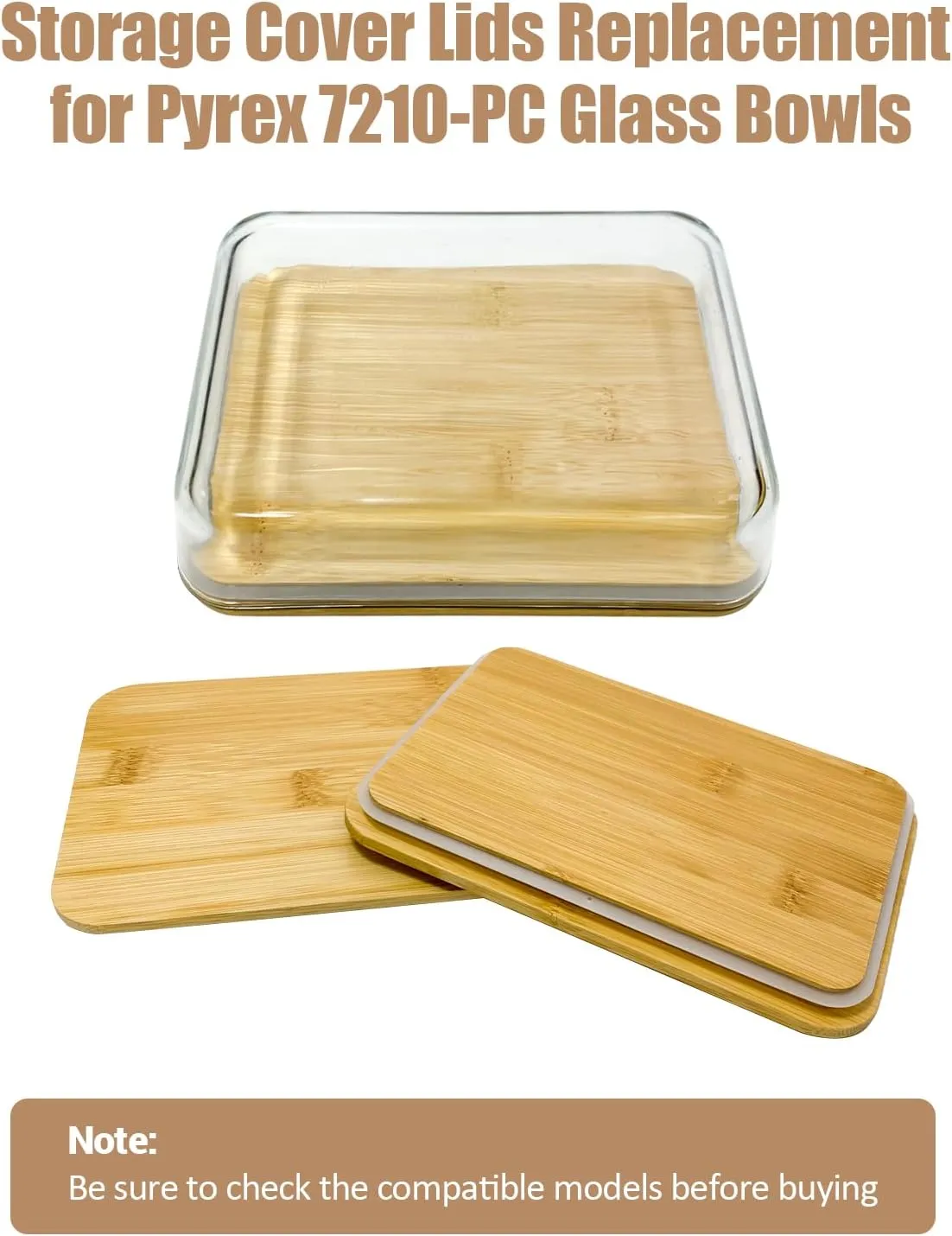 2 Pack Rectangle Replacement Lid for Pyrex - ONLY Compatible with Pyrex 7210 PC 3 Cup Food Storage Container Bowl,Bamboo Wooden Lids Freezer Dishwasher Microwave Safe (Container Not Included）