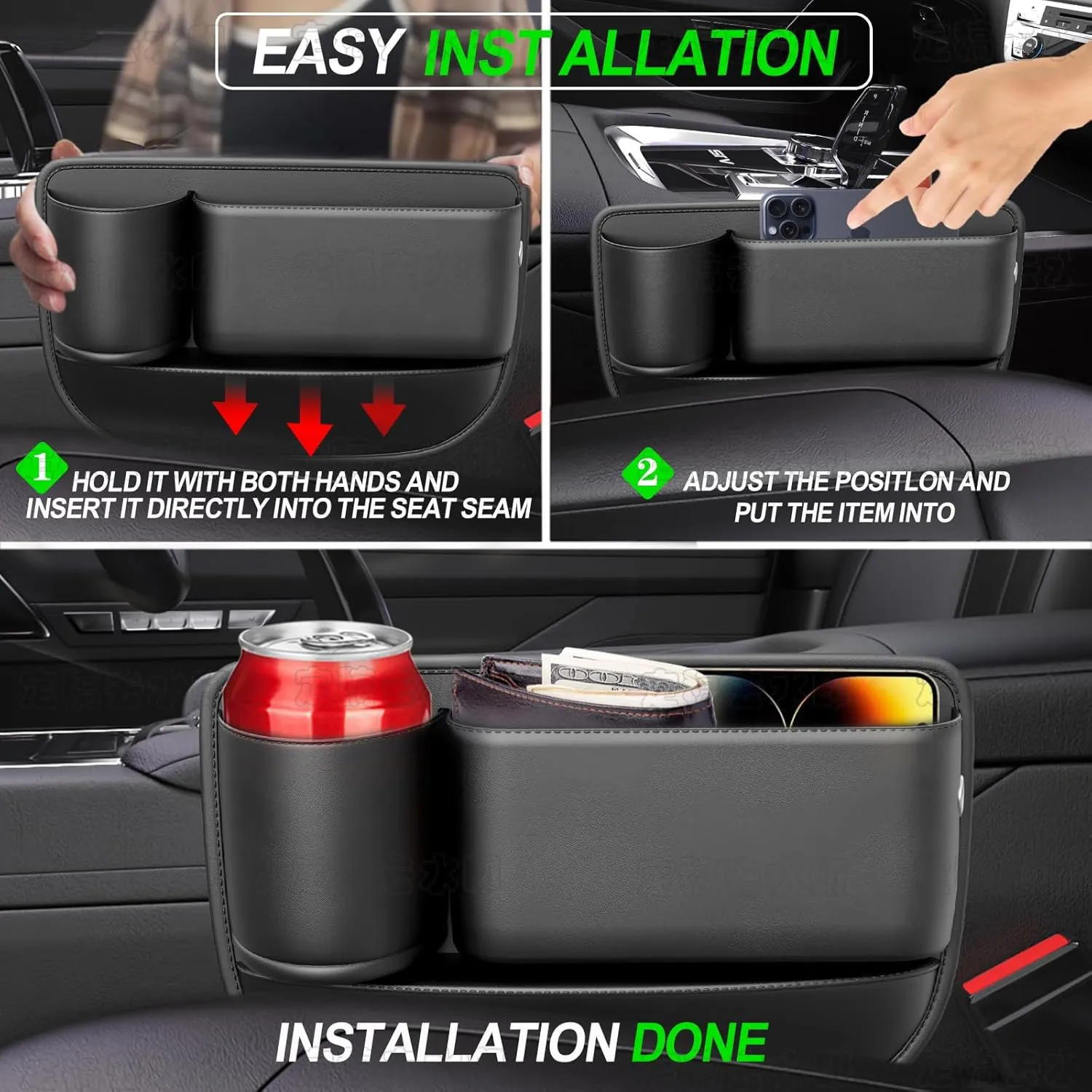 2 Packs Car Seat Gap Filler, Car Leather Cup Holder Gap Bag, Premium Leather Car Seat Gap Filler Organizer, Seat Gap Storage Box for Holding Phone, Sunglasses,Keys,cards (Black, Driver's＋Passenger)