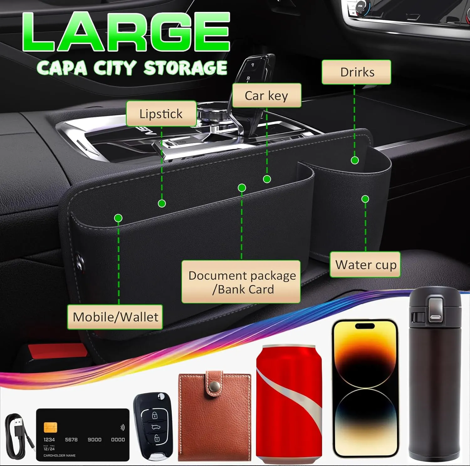 2 Packs Car Seat Gap Filler, Car Leather Cup Holder Gap Bag, Premium Leather Car Seat Gap Filler Organizer, Seat Gap Storage Box for Holding Phone, Sunglasses,Keys,cards (Black, Driver's＋Passenger)