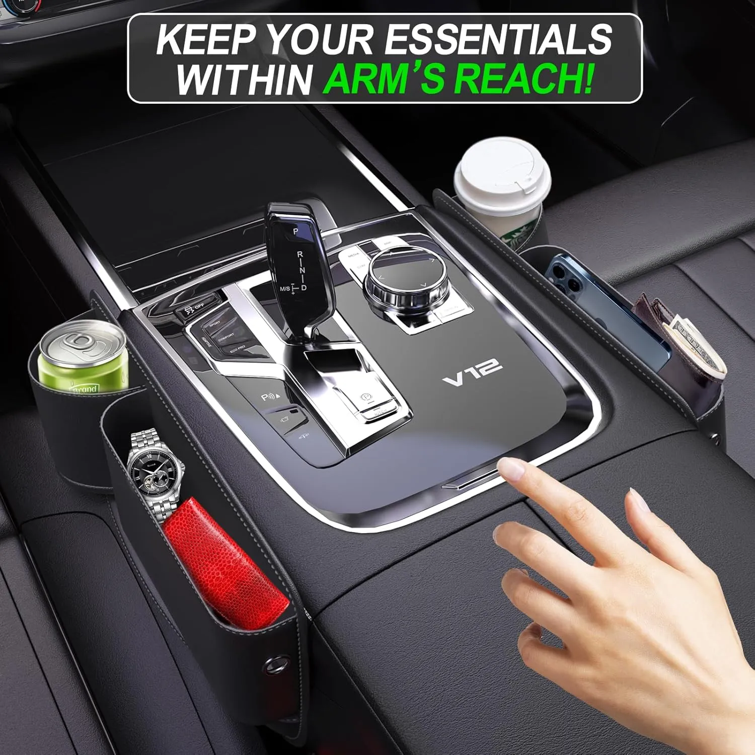 2 Packs Car Seat Gap Filler, Car Leather Cup Holder Gap Bag, Premium Leather Car Seat Gap Filler Organizer, Seat Gap Storage Box for Holding Phone, Sunglasses,Keys,cards (Black, Driver's＋Passenger)