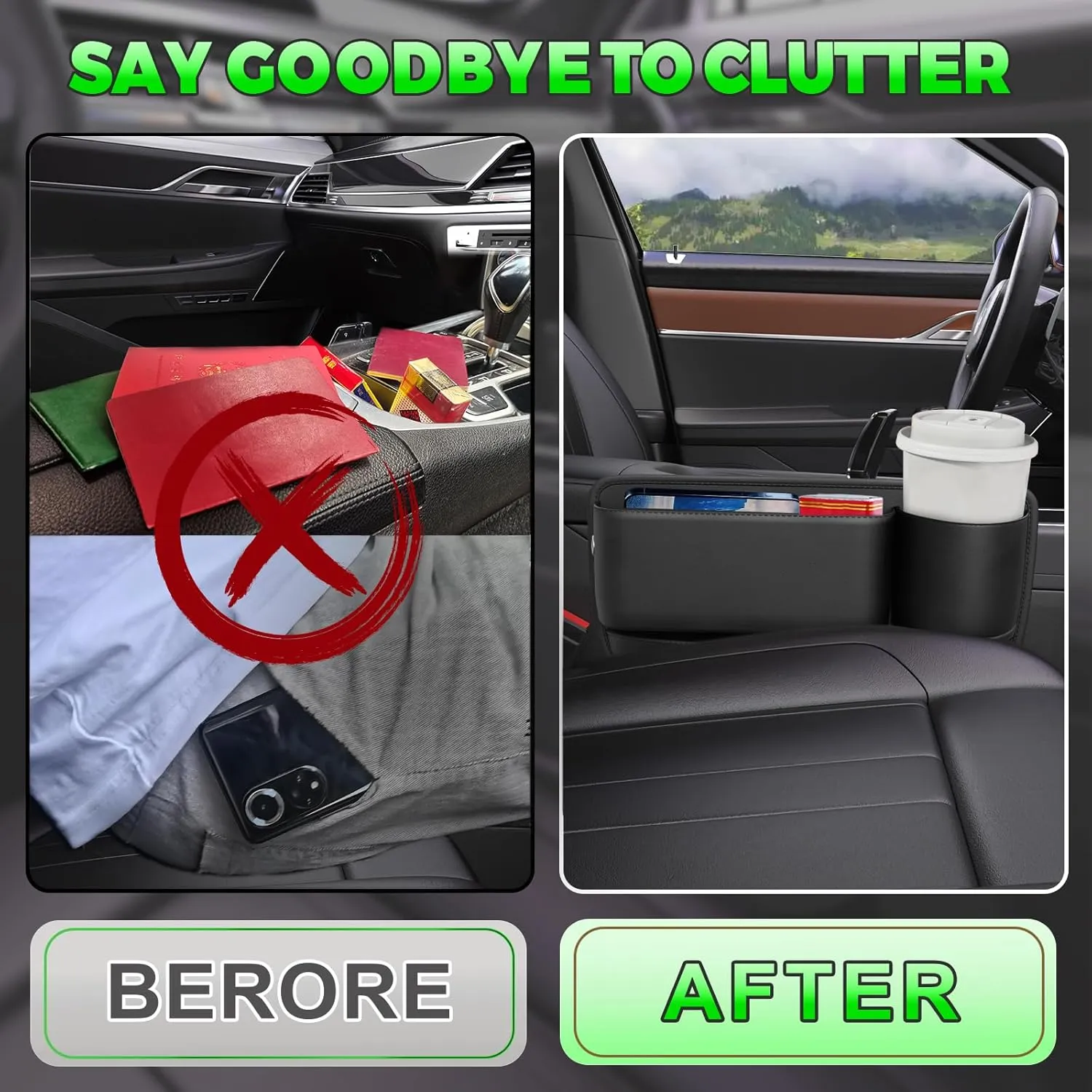 2 Packs Car Seat Gap Filler, Car Leather Cup Holder Gap Bag, Premium Leather Car Seat Gap Filler Organizer, Seat Gap Storage Box for Holding Phone, Sunglasses,Keys,cards (Black, Driver's＋Passenger)