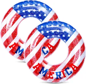 2 Pcs Inflatable Pool USA Float Toys 35Inch Patriotic Red White and Blue Swim Rings with Sparkle Silver Stars Confetti Beach Swimming Float USA Flag Rings Loungers Tube Independence Day Summer Party