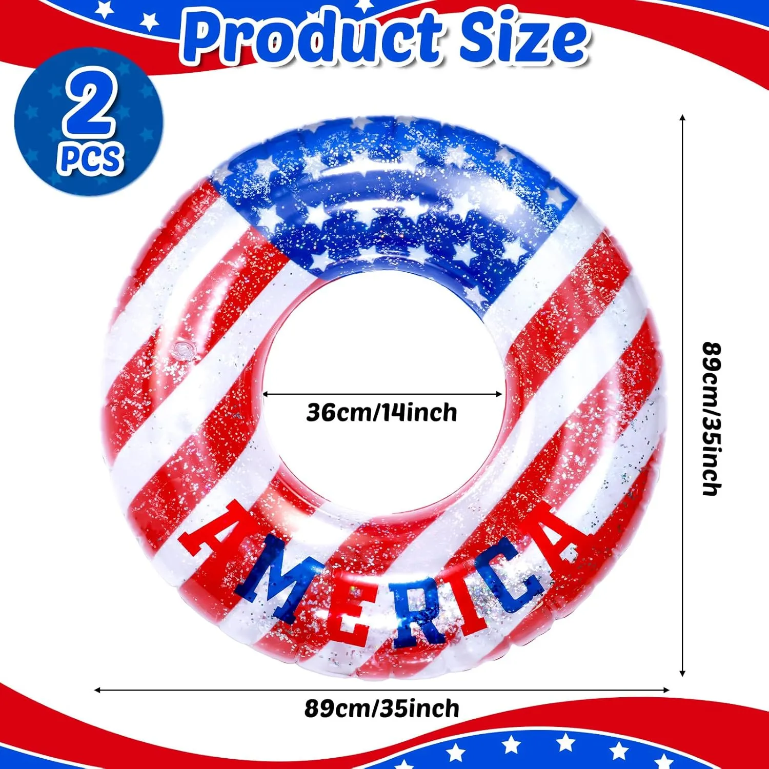 2 Pcs Inflatable Pool USA Float Toys 35Inch Patriotic Red White and Blue Swim Rings with Sparkle Silver Stars Confetti Beach Swimming Float USA Flag Rings Loungers Tube Independence Day Summer Party