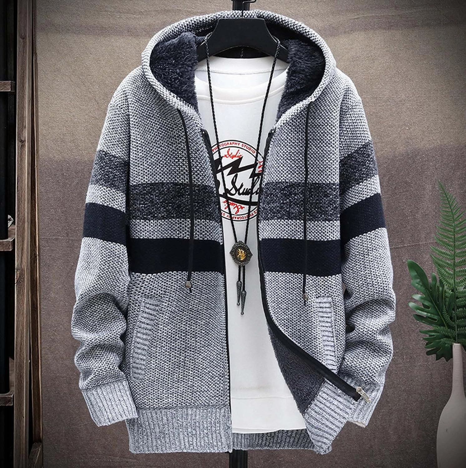 2024 Fashion Knitwear for Men's Sweater Coat Retro Lapel Button Plus Size Cable Knited Cardigan Henley Sweater