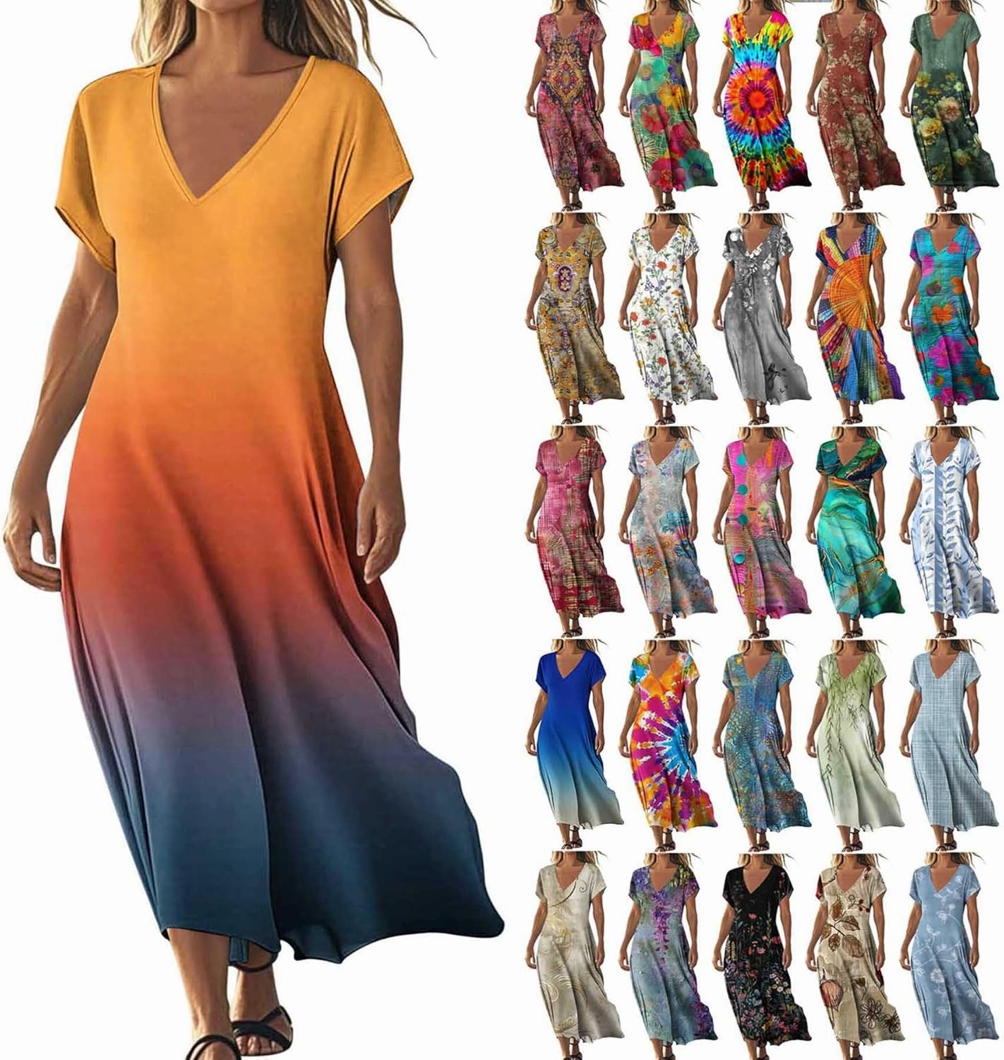 2025 Casual Dress for Women Flowy V Neck Short Sleeve Floral Maxi Dresses Lightweight Summer Beach Vacation Clothes