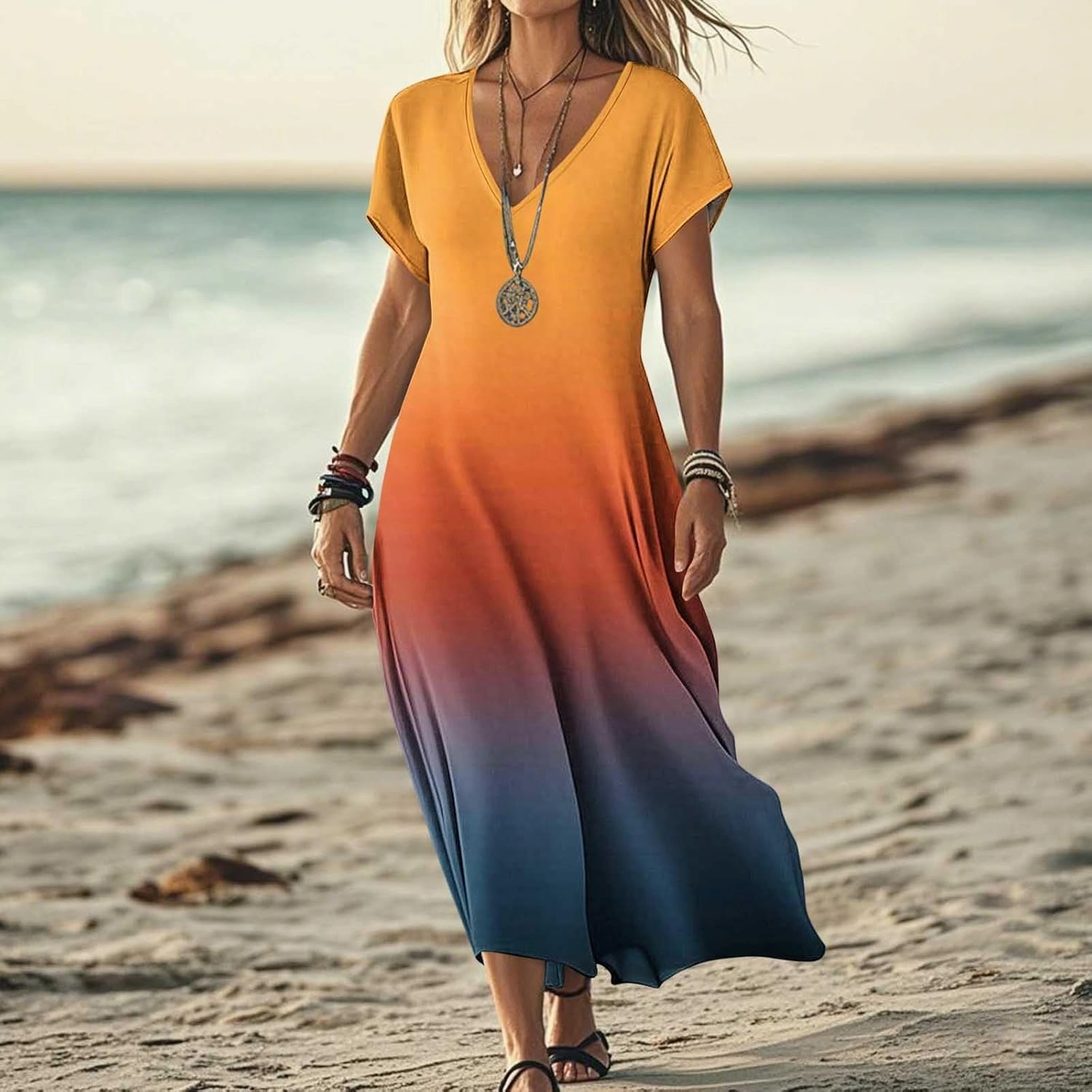 2025 Casual Dress for Women Flowy V Neck Short Sleeve Floral Maxi Dresses Lightweight Summer Beach Vacation Clothes