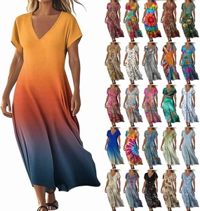 2025 Casual Dress for Women Flowy V Neck Short Sleeve Floral Maxi Dresses Lightweight Summer Beach Vacation Clothes