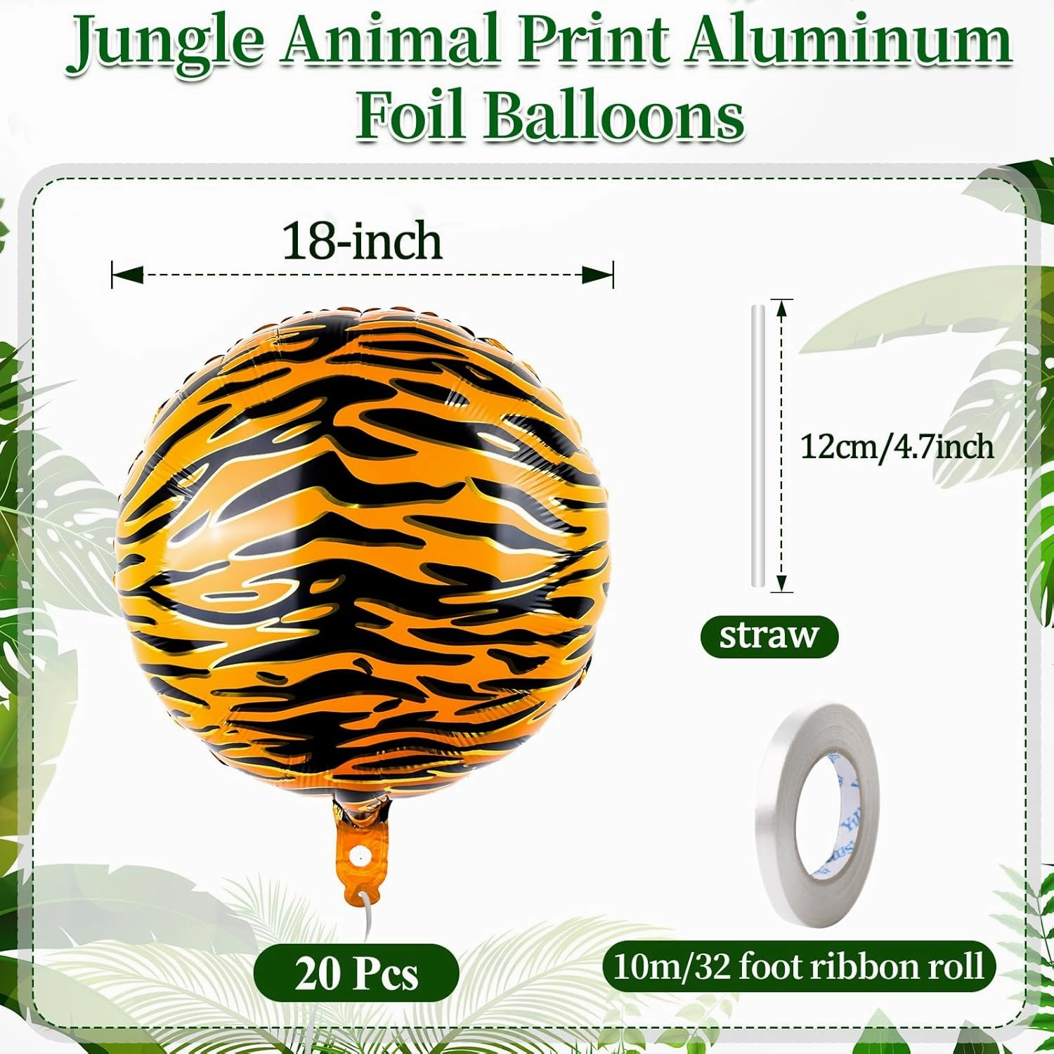 20 Pcs 18 inch Tiger Print Aluminum Foil Balloons Animal Print Balloons Jungle Balloon Wildlife Print Balloon for Zoo Themed Jungle Safari Themed Birthday Decorations (Tiger Print)