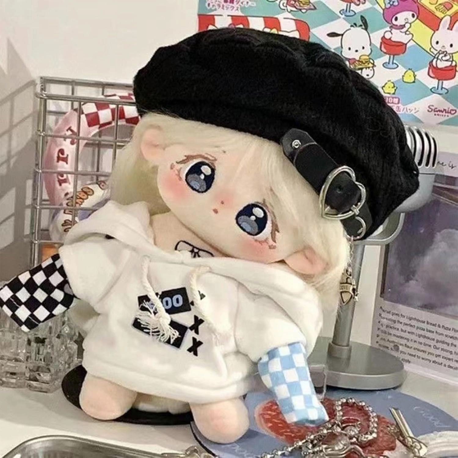 20cm Kawaii Anime Cotton Doll Plushie with Embroidered Big Eyes, Girl's Favorite, Dressed in White Hoodie and Black Hat, Accessorized with Red Shoes (Doll & Clothes, Skeleton)