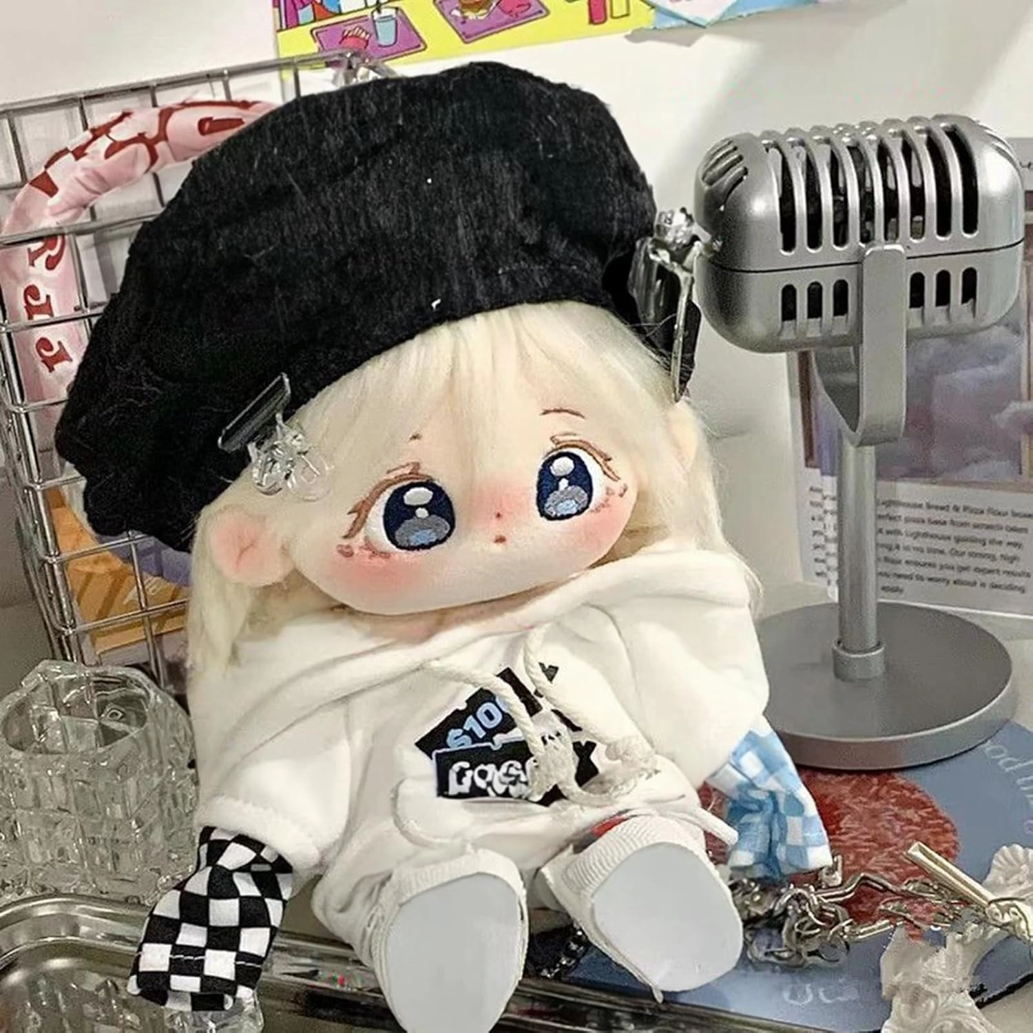20cm Kawaii Anime Cotton Doll Plushie with Embroidered Big Eyes, Girl's Favorite, Dressed in White Hoodie and Black Hat, Accessorized with Red Shoes (Doll & Clothes, Skeleton)