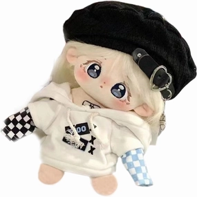 20cm Kawaii Anime Cotton Doll Plushie with Embroidered Big Eyes, Girl's Favorite, Dressed in White Hoodie and Black Hat, Accessorized with Red Shoes (Doll & Clothes, Skeleton)