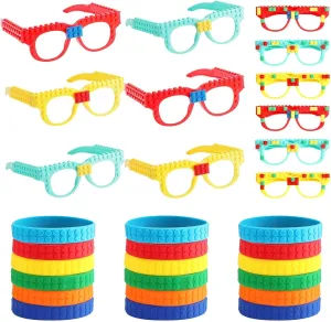 24 PCS Building Blocks Glasses Wristbands for Colorful Block Party Favors Set DIY Building Bricks Games Glasses Color Brick Silicone Bracelet for Creative Building Block Birthday Party Supplies