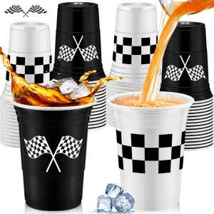24 Pcs Checkered Flag Party Supplies Checkered Plastic Cup 16 oz Race Car Cups Black and White Thick Cup for Racing Party Sports Themed Birthday Party Decorations