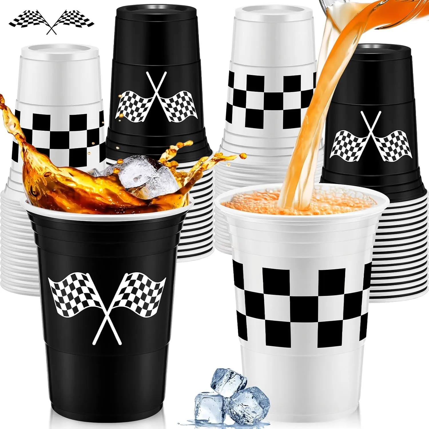 24 Pcs Checkered Flag Party Supplies Checkered Plastic Cup 16 oz Race Car Cups Black and White Thick Cup for Racing Party Sports Themed Birthday Party Decorations