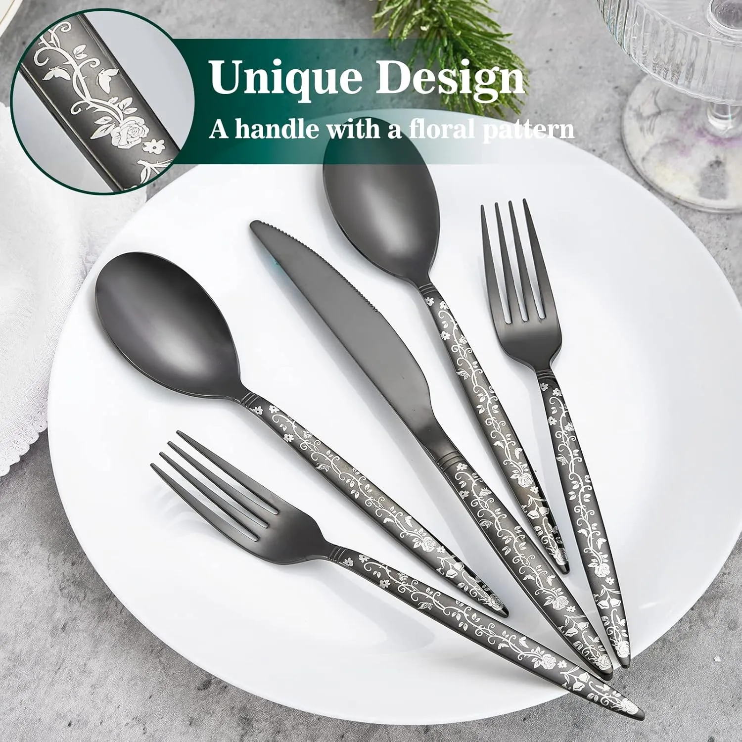 24-Piece Black Silverware Set, Flower Pattern Fancy Knife, Spoons and Forks, Stainless Steel Flatware Cutlery, Serving Utensil Set With Steak Knives, Forks and Spoons
