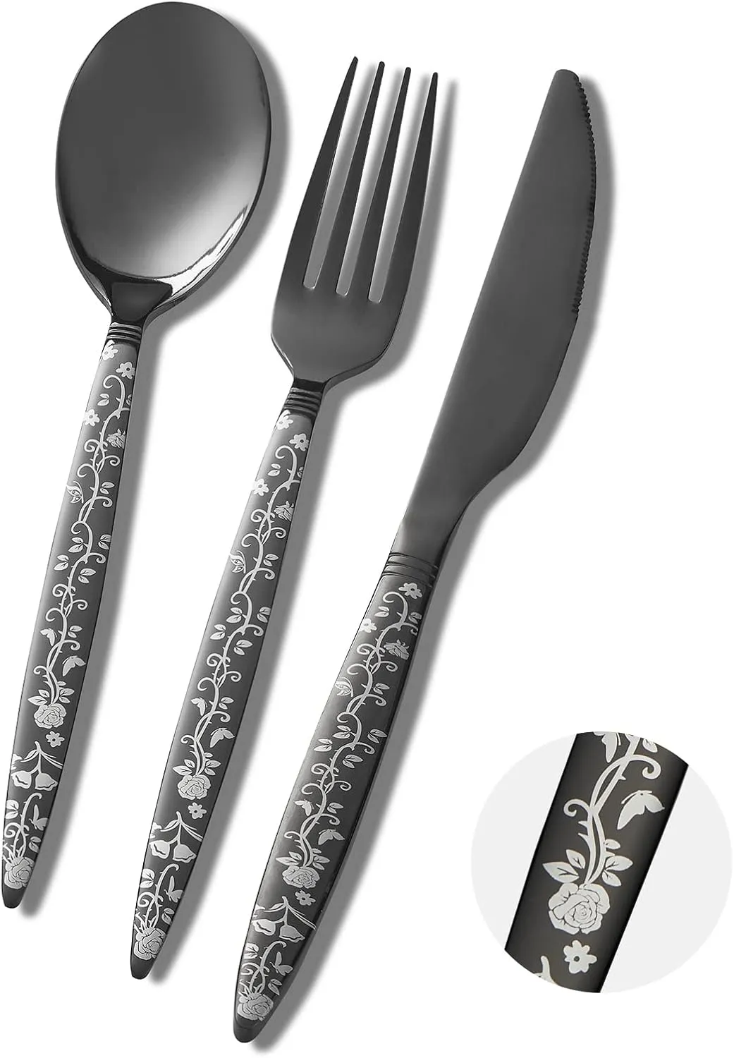 24-Piece Black Silverware Set, Flower Pattern Fancy Knife, Spoons and Forks, Stainless Steel Flatware Cutlery, Serving Utensil Set With Steak Knives, Forks and Spoons