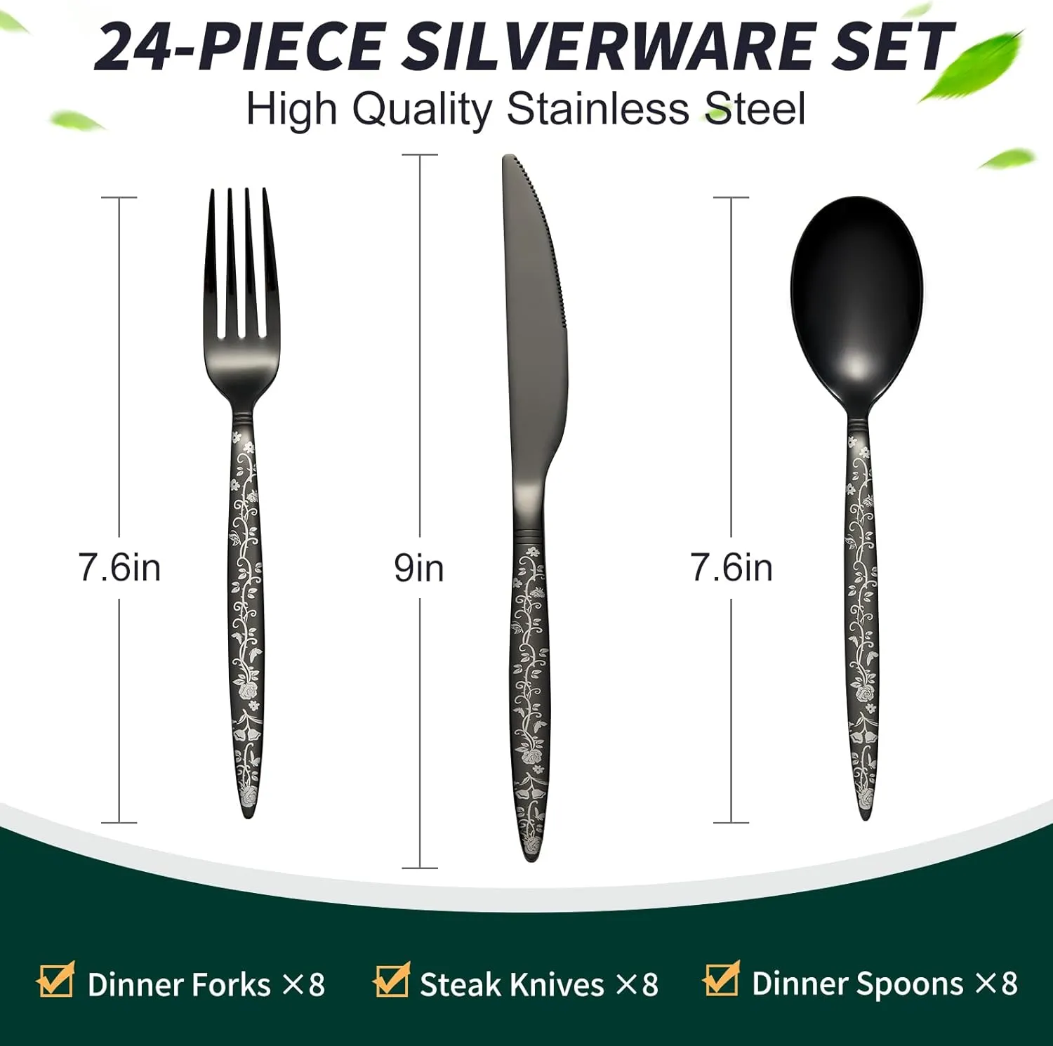 24-Piece Black Silverware Set, Flower Pattern Fancy Knife, Spoons and Forks, Stainless Steel Flatware Cutlery, Serving Utensil Set With Steak Knives, Forks and Spoons