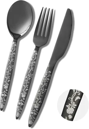 24-Piece Black Silverware Set, Flower Pattern Fancy Knife, Spoons and Forks, Stainless Steel Flatware Cutlery, Serving Utensil Set With Steak Knives, Forks and Spoons
