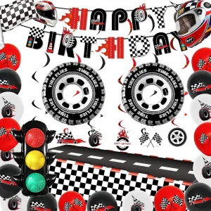 26Pcs Race Car Party Decorations Set for Kids' Birthday Party Supplies Traffic Light, Tire, Helmet Balloons, Banner, Hanging Swirls, Flag-Shaped Balloons, Tablecloth for Race-themed Decoration