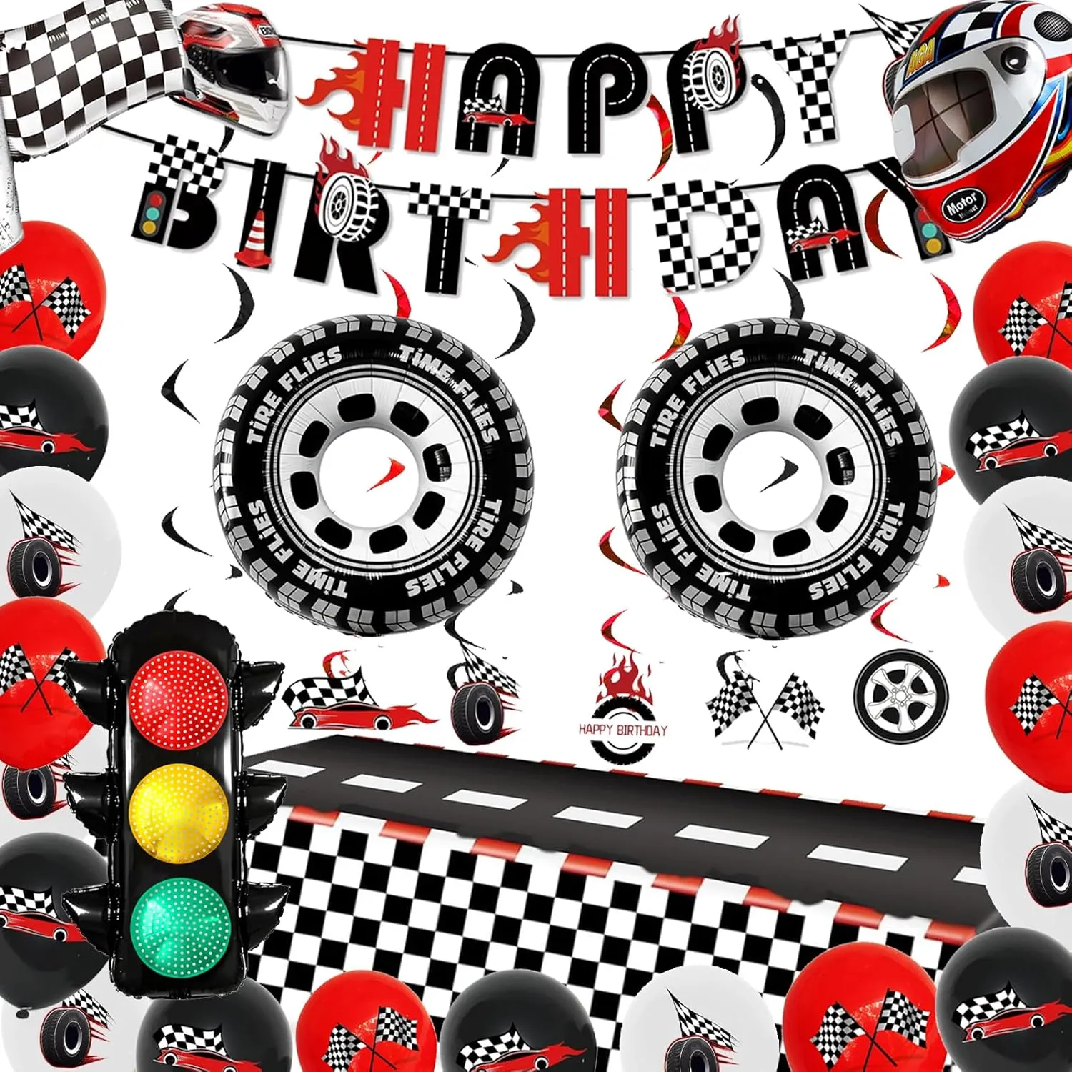 26Pcs Race Car Party Decorations Set for Kids' Birthday Party Supplies Traffic Light, Tire, Helmet Balloons, Banner, Hanging Swirls, Flag-Shaped Balloons, Tablecloth for Race-themed Decoration