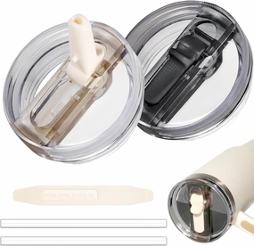 2 Pack 40 oz Tumbler Flip Straw Lid for Stanley Quencher ProTour Leak Proof Lid Replacement for Stanley H2.0 Quencher, Spill Proof Reusable Lid for Stanley Cup Accessories (Black & Cream, 40 oz)