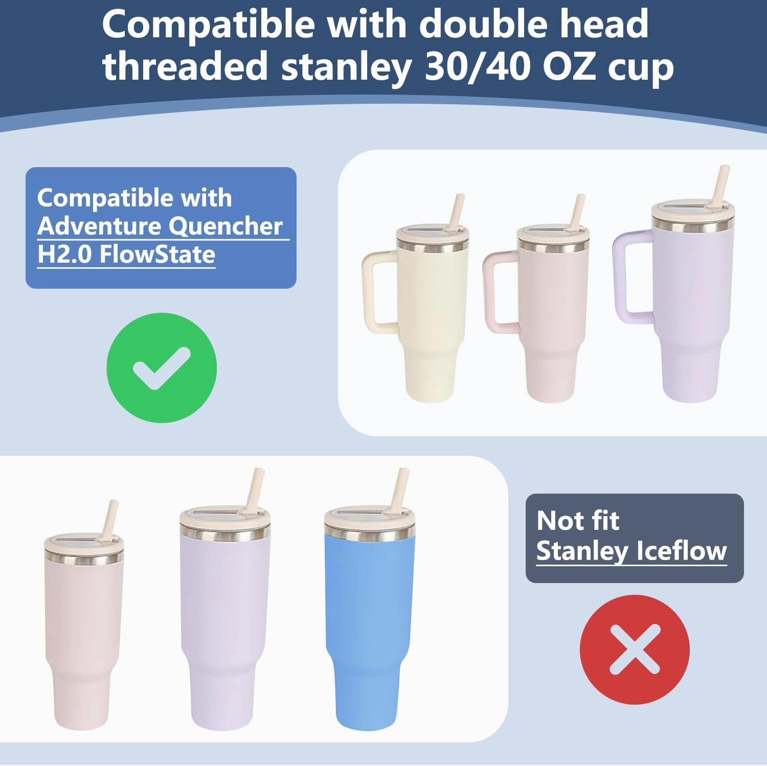 2 Pack 40 oz Tumbler Flip Straw Lid for Stanley Quencher ProTour Leak Proof Lid Replacement for Stanley H2.0 Quencher, Spill Proof Reusable Lid for Stanley Cup Accessories (Black & Cream, 40 oz)