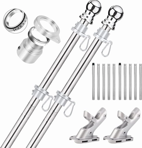 2 Pack Flag Poles for House, 6 FT Flag Pole Kit with 2 No-Tangle Aluminum Ring Clips and Holder Mounting Bracket, Heavy Duty Stainless Steel Flag Poles for Outside House, Boat Flagpole, 6ft