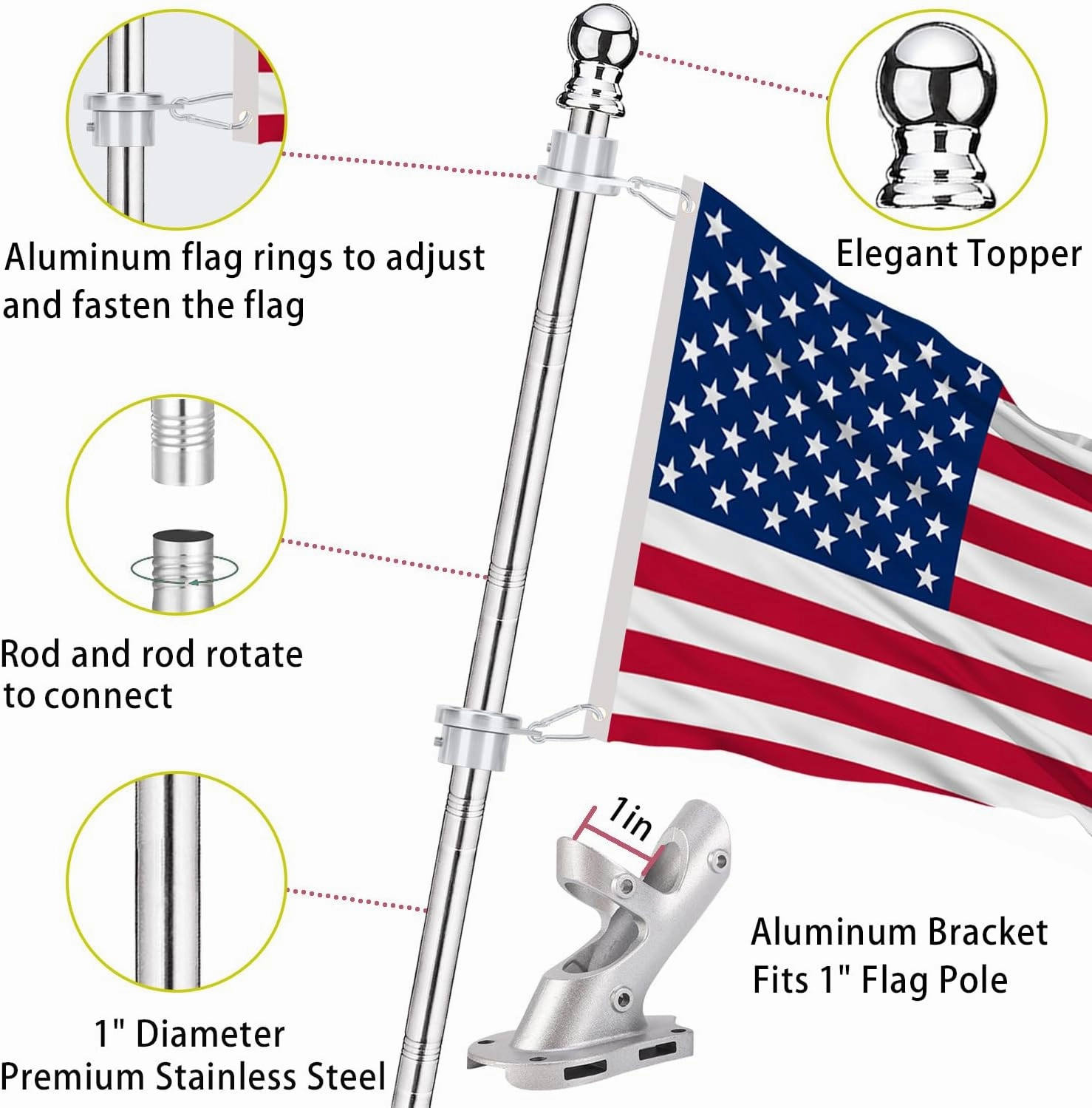 2 Pack Flag Poles for House, 6 FT Flag Pole Kit with 2 No-Tangle Aluminum Ring Clips and Holder Mounting Bracket, Heavy Duty Stainless Steel Flag Poles for Outside House, Boat Flagpole, 6ft