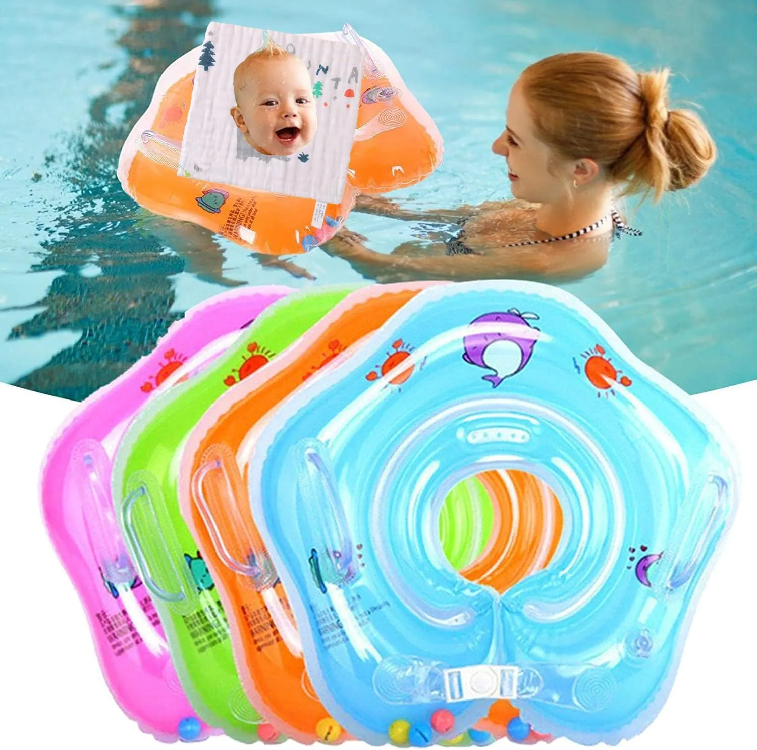 2pc Cotton Square Towels Baby Inflatable Swim Float Ring, Double Handles Bathroom Float Swim Ring,0-18 Months Comfortable Pool Toys with Bells and Cute Patterns#0603