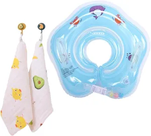 2pc Cotton Square Towels Baby Inflatable Swim Float Ring, Double Handles Bathroom Float Swim Ring,0-18 Months Comfortable Pool Toys with Bells and Cute Patterns#0603