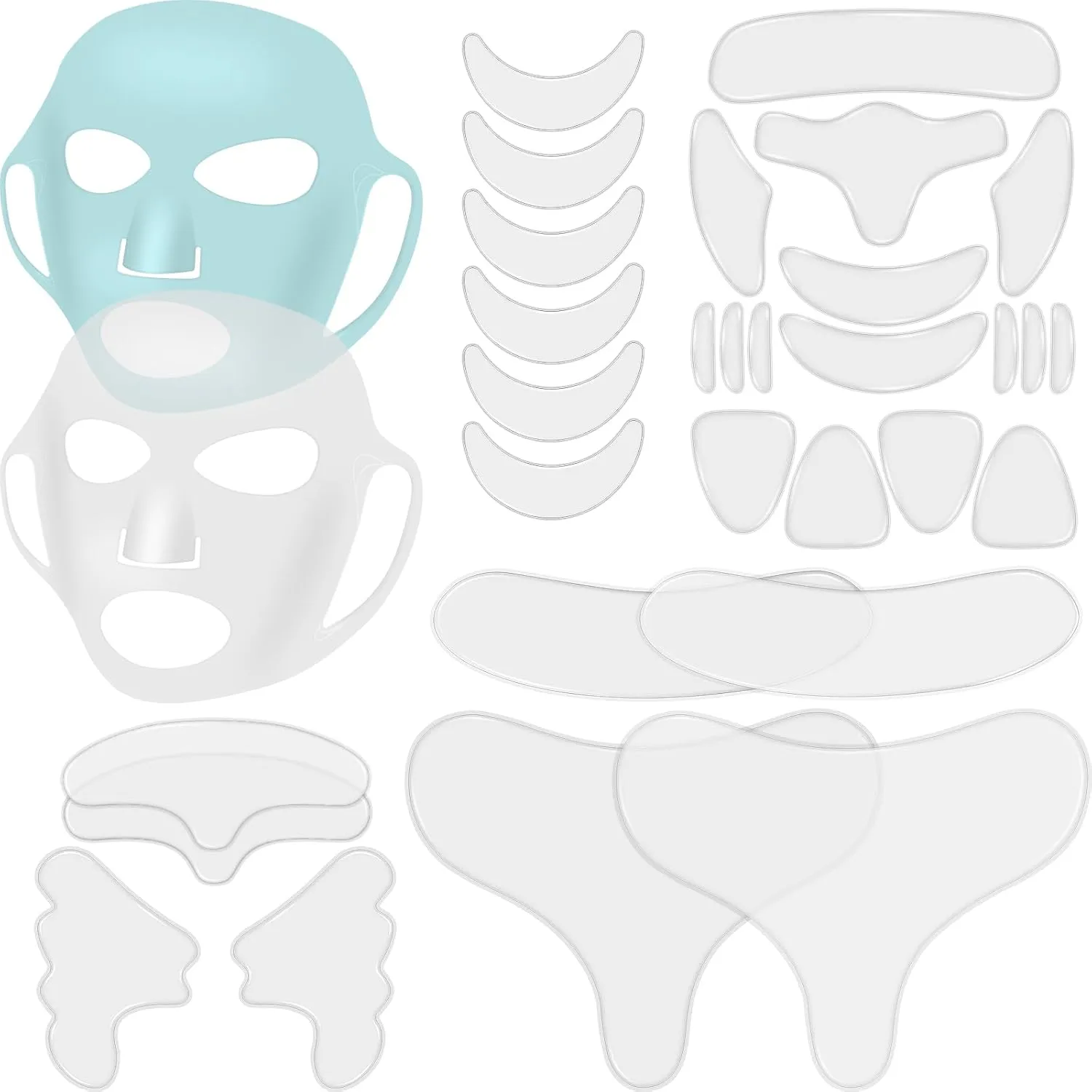 32 Pcs Facial Chest Neck Silicone Pad Reusable Face Forehead Patches Facial Sleeping Mask Cover for Smoothing Chest Neck Forehead Eye Mouth (Blue,Clear)