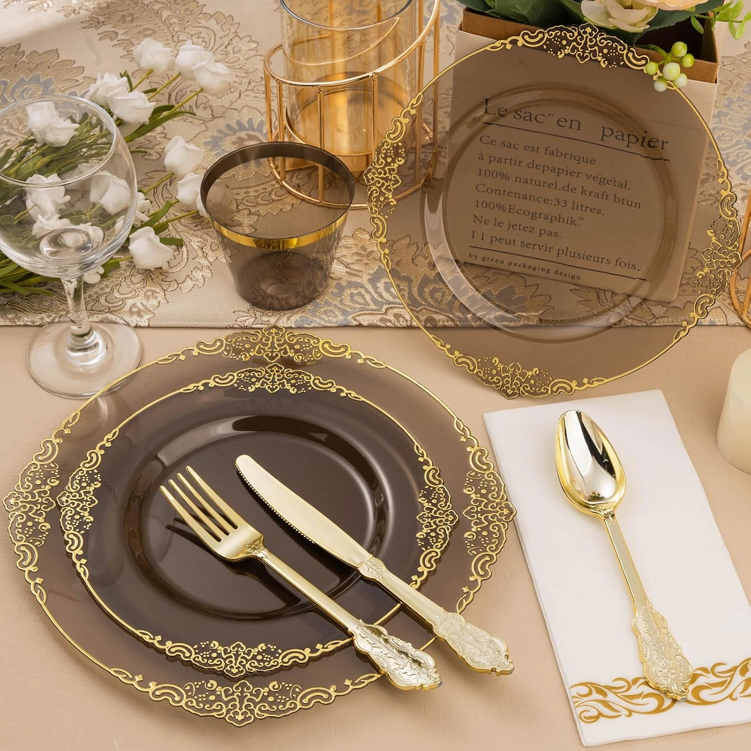 350PCS Clear Black Plastic Plates for 50 Guests, Disposable Plates with Gold Trim include 50 Dinner and Dessert Plates, 150 Gold Silverware, 50 Cups, 50 Napkins for Party & Graduation