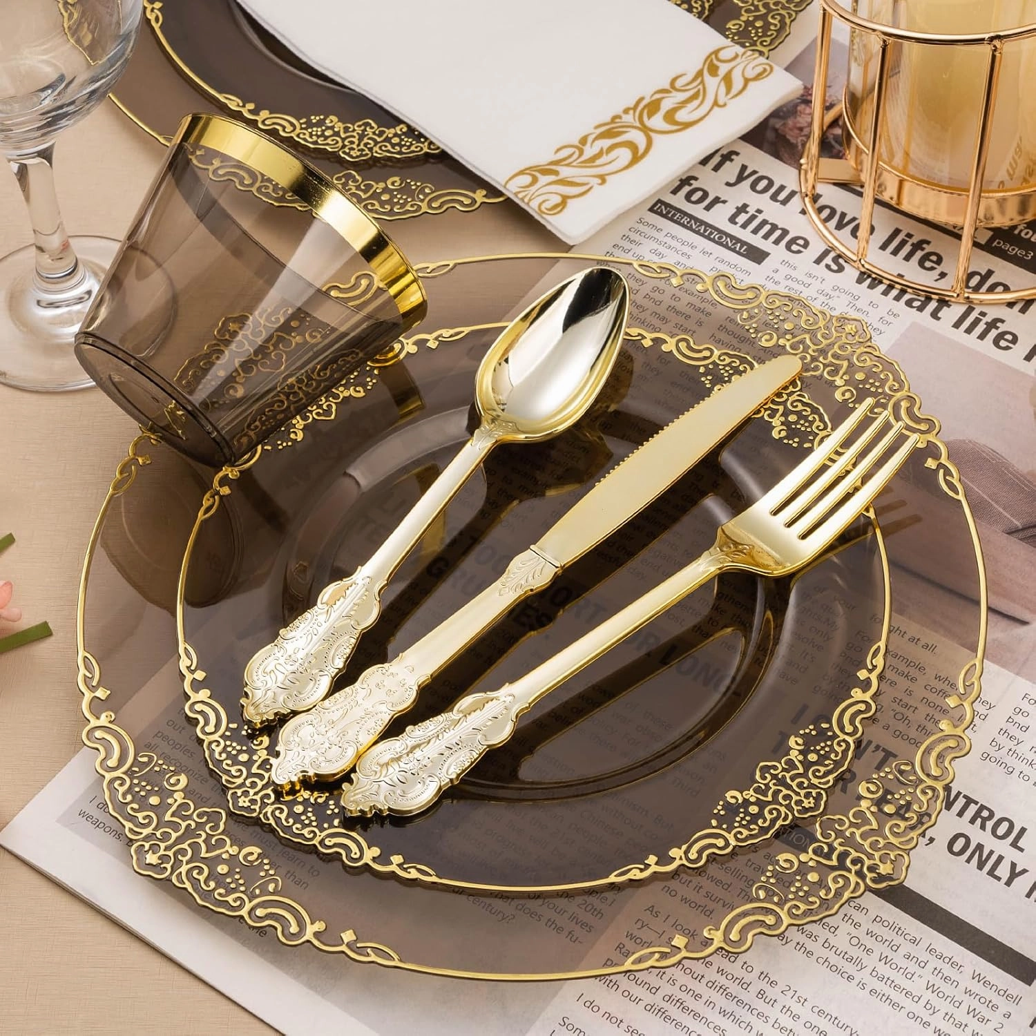 350PCS Clear Black Plastic Plates for 50 Guests, Disposable Plates with Gold Trim include 50 Dinner and Dessert Plates, 150 Gold Silverware, 50 Cups, 50 Napkins for Party & Graduation