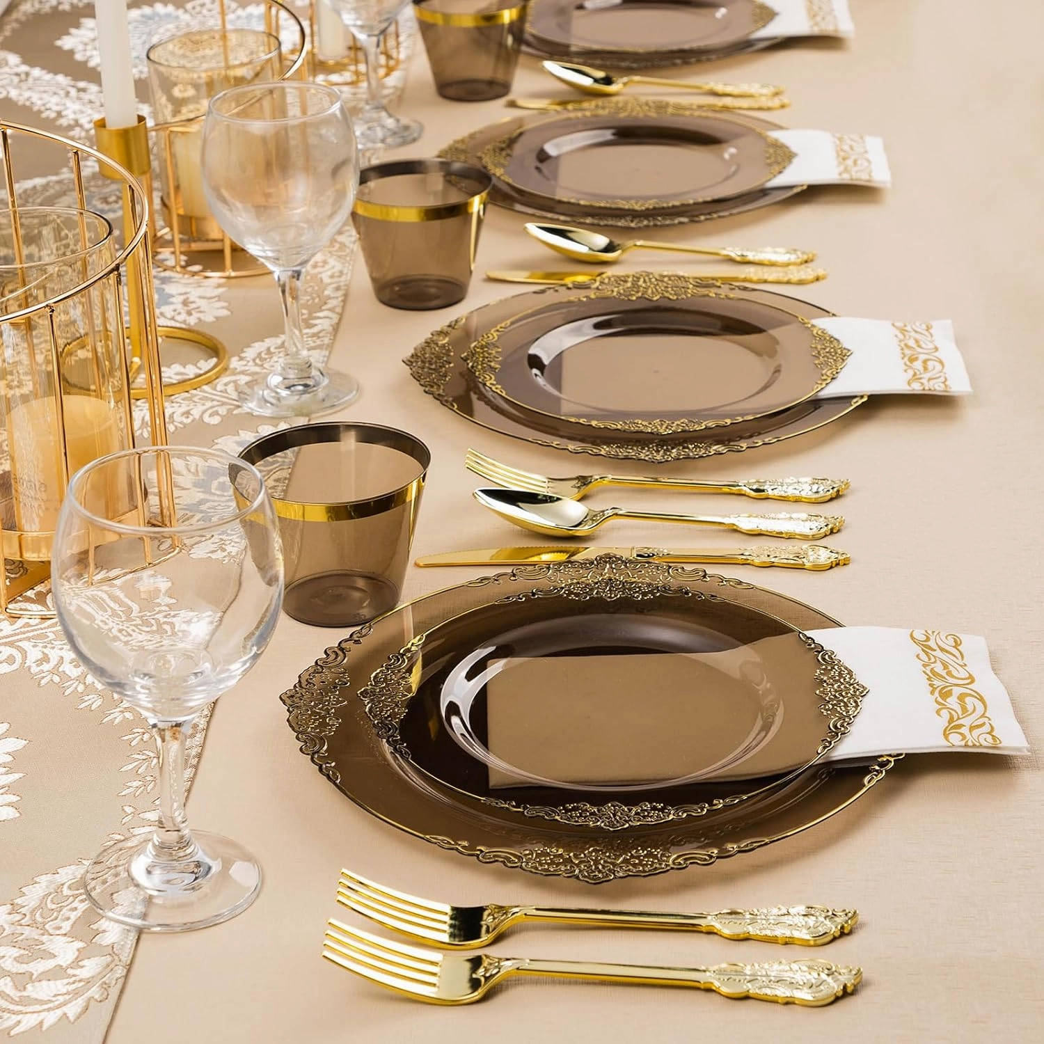 350PCS Clear Black Plastic Plates for 50 Guests, Disposable Plates with Gold Trim include 50 Dinner and Dessert Plates, 150 Gold Silverware, 50 Cups, 50 Napkins for Party & Graduation