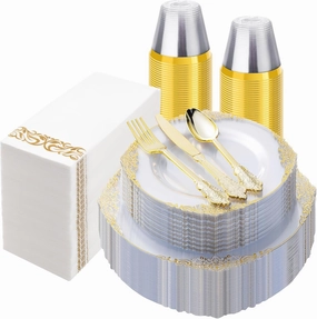 350PCS Clear Gold Plastic Plates for 50 Guests, Disposable Dinnerware Set Includes 100 Clear Disposable Plates, 150 Gold Silverware, 50 Cups, 50 Napkins for Party, Wedding