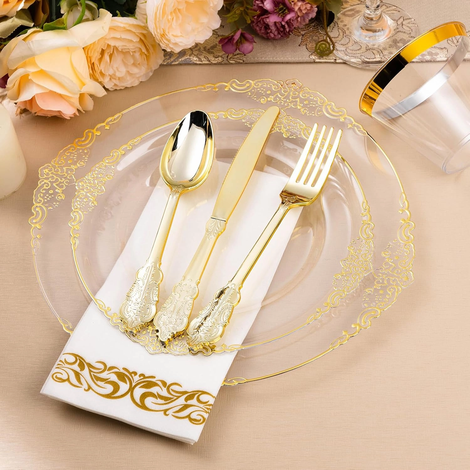 350PCS Clear Gold Plastic Plates for 50 Guests, Disposable Dinnerware Set Includes 100 Clear Disposable Plates, 150 Gold Silverware, 50 Cups, 50 Napkins for Party, Wedding