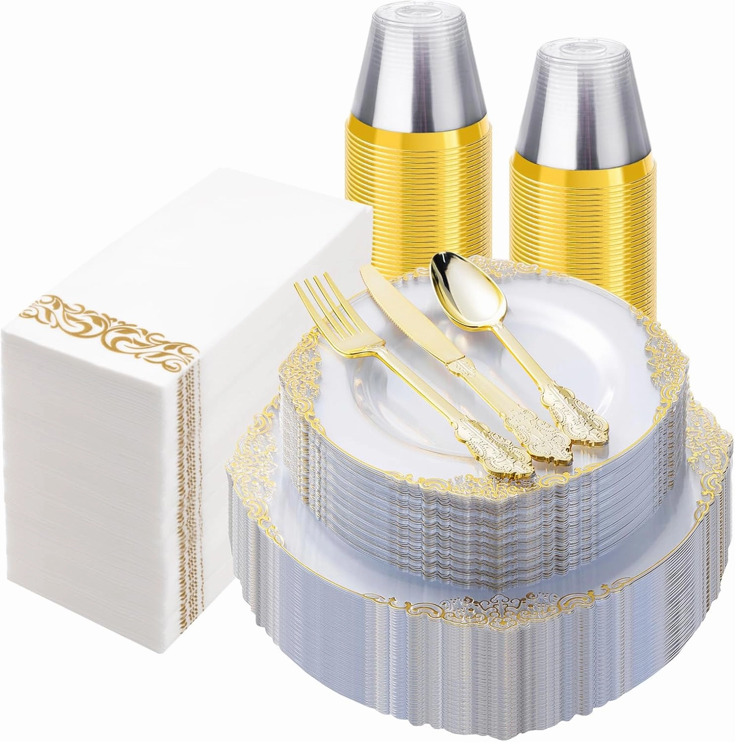 350PCS Clear Gold Plastic Plates for 50 Guests, Disposable Dinnerware Set Includes 100 Clear Disposable Plates, 150 Gold Silverware, 50 Cups, 50 Napkins for Party, Wedding