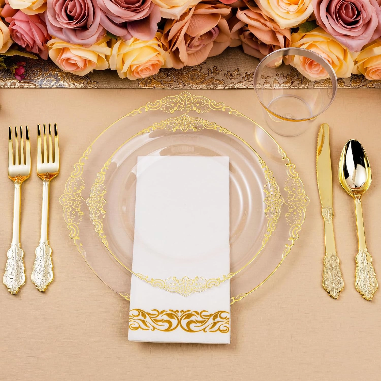 350PCS Clear Gold Plastic Plates for 50 Guests, Disposable Dinnerware Set Includes 100 Clear Disposable Plates, 150 Gold Silverware, 50 Cups, 50 Napkins for Party, Wedding