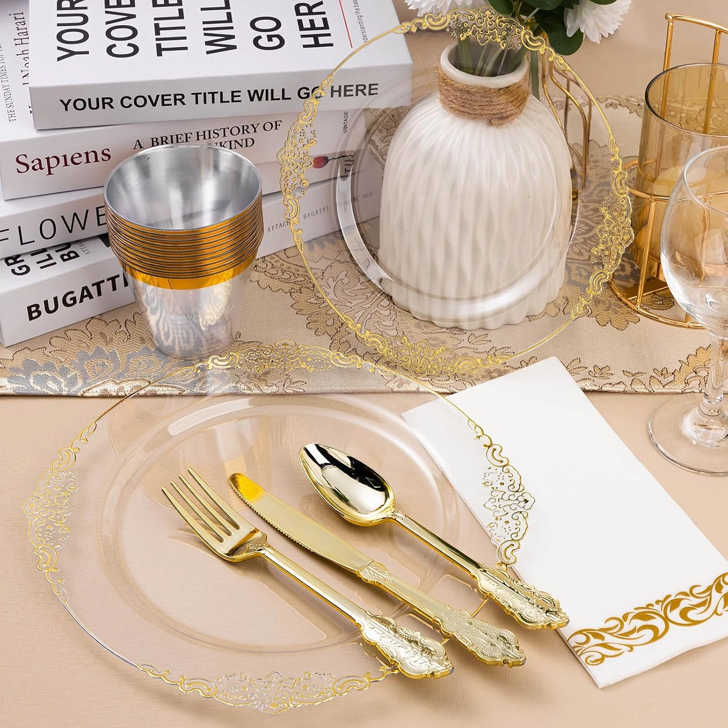 350PCS Clear Gold Plastic Plates for 50 Guests, Disposable Dinnerware Set Includes 100 Clear Disposable Plates, 150 Gold Silverware, 50 Cups, 50 Napkins for Party, Wedding