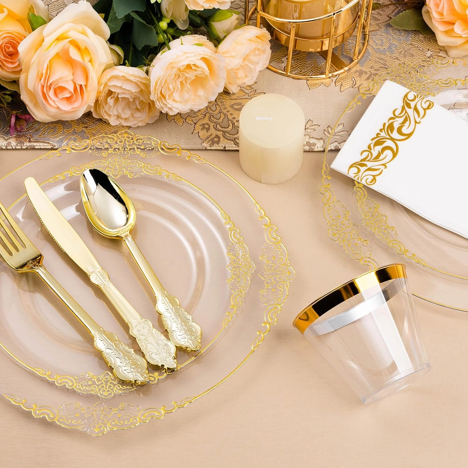 350PCS Clear Gold Plastic Plates for 50 Guests, Disposable Dinnerware Set Includes 100 Clear Disposable Plates, 150 Gold Silverware, 50 Cups, 50 Napkins for Party, Wedding