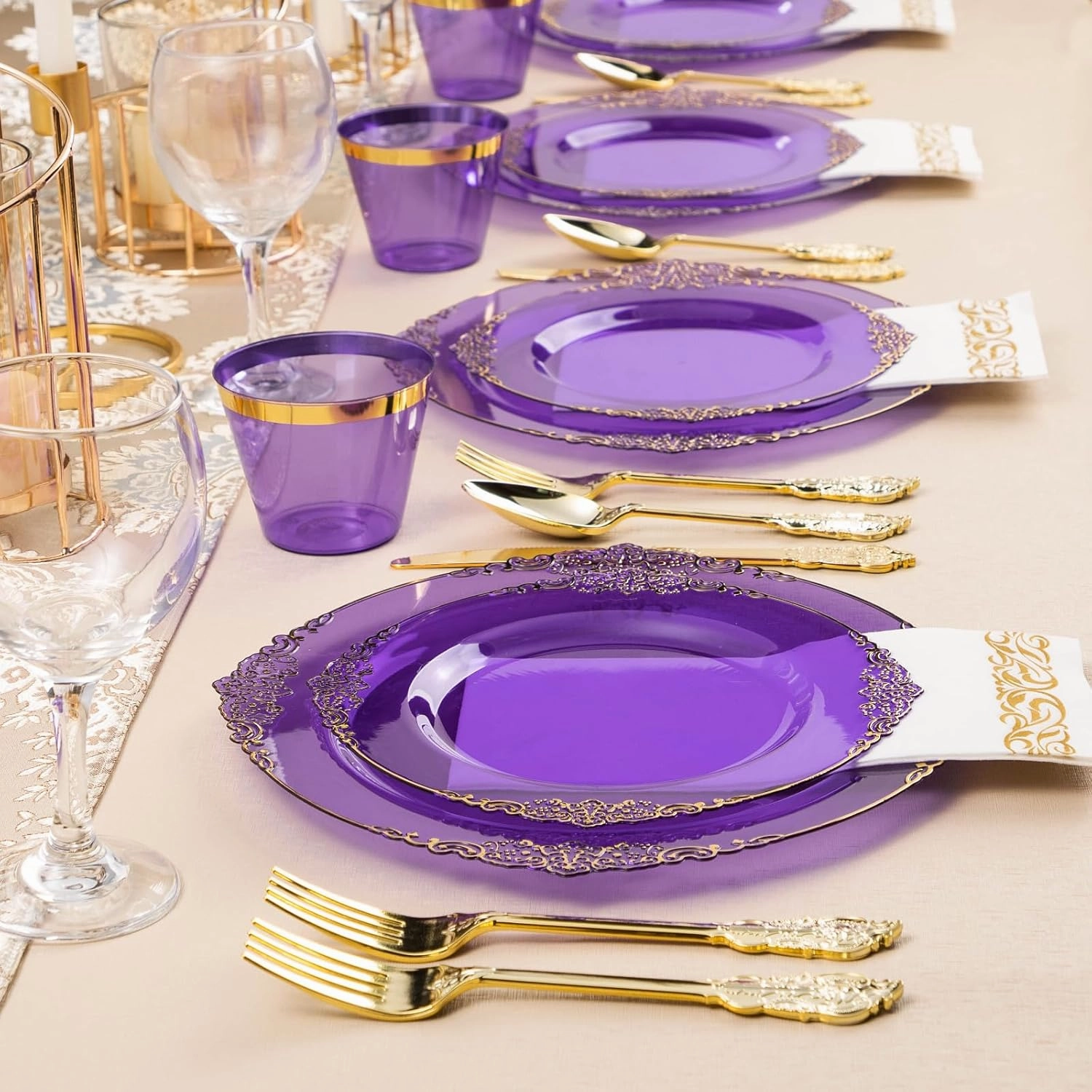 350PCS Clear Purple Plastic Plates for 50 Guests, Disposable Plates with Gold Trim include 50 Dinner Plates, 50 Dessert Plates, 150 Gold Silverware, 50 Cups, 50 Napkins for Party, Wedding
