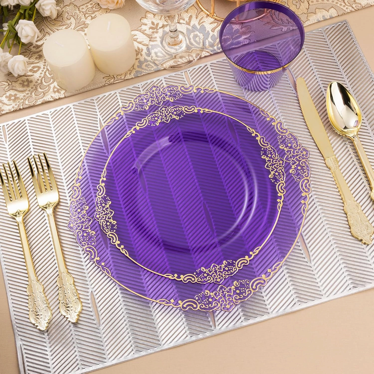 350PCS Clear Purple Plastic Plates for 50 Guests, Disposable Plates with Gold Trim include 50 Dinner Plates, 50 Dessert Plates, 150 Gold Silverware, 50 Cups, 50 Napkins for Party, Wedding