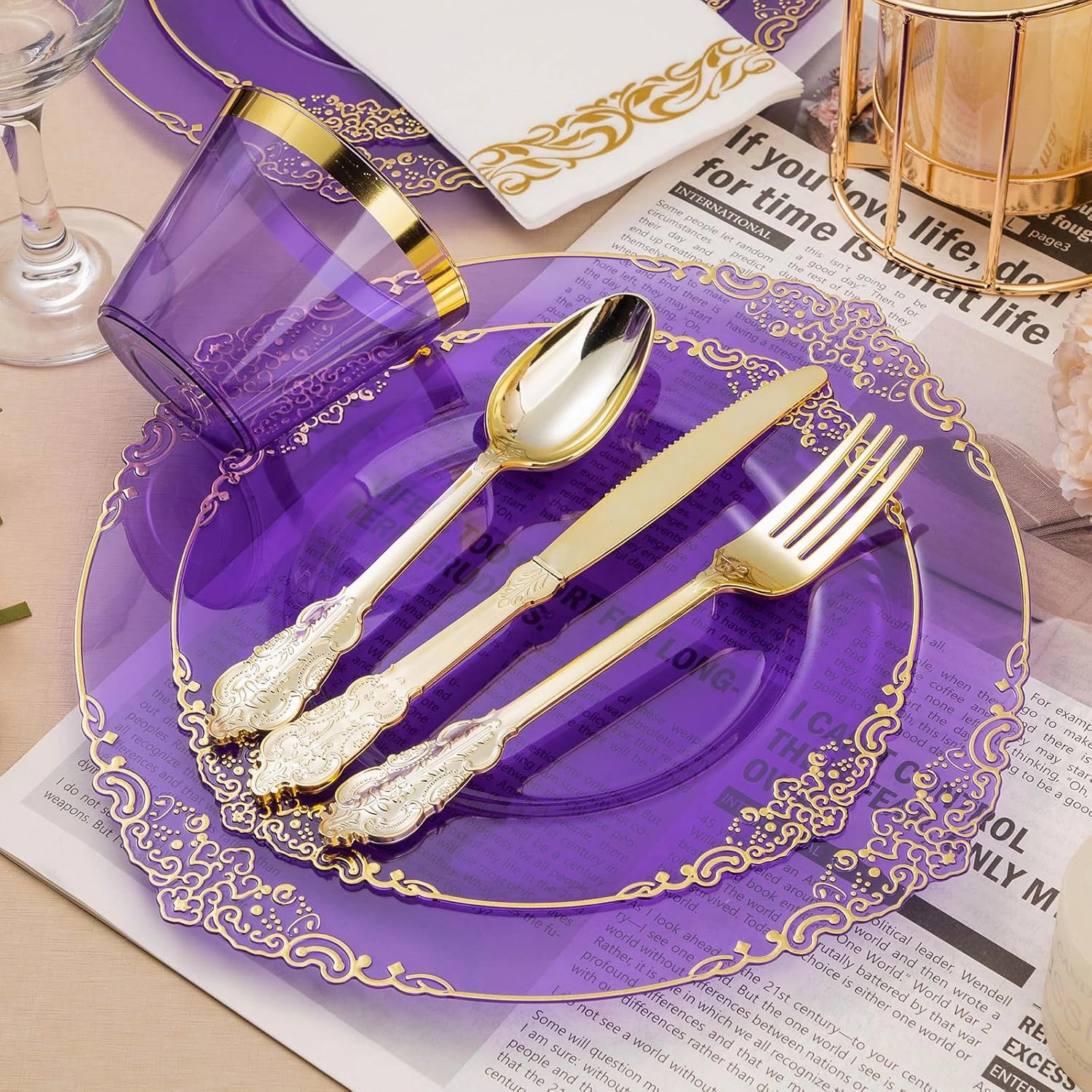 350PCS Clear Purple Plastic Plates for 50 Guests, Disposable Plates with Gold Trim include 50 Dinner Plates, 50 Dessert Plates, 150 Gold Silverware, 50 Cups, 50 Napkins for Party, Wedding