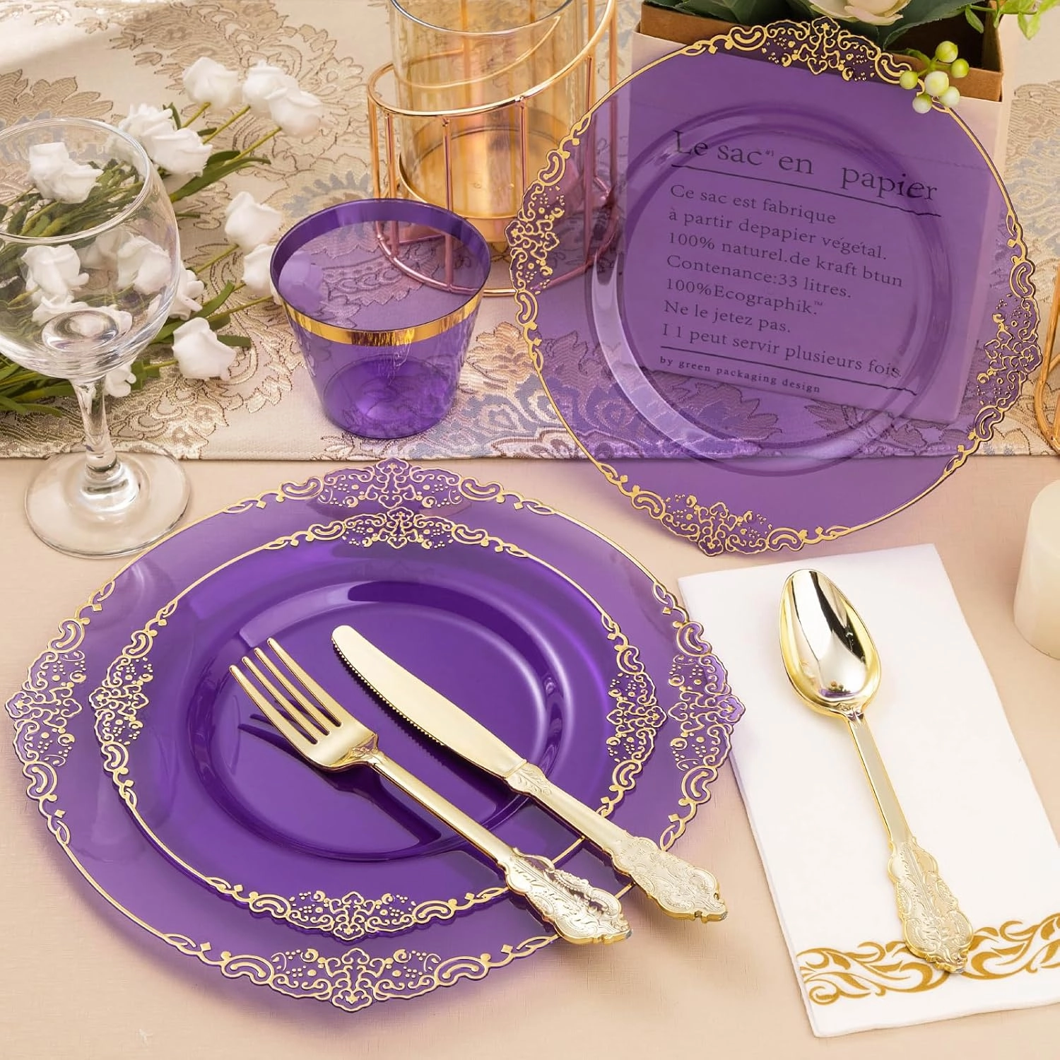 350PCS Clear Purple Plastic Plates for 50 Guests, Disposable Plates with Gold Trim include 50 Dinner Plates, 50 Dessert Plates, 150 Gold Silverware, 50 Cups, 50 Napkins for Party, Wedding